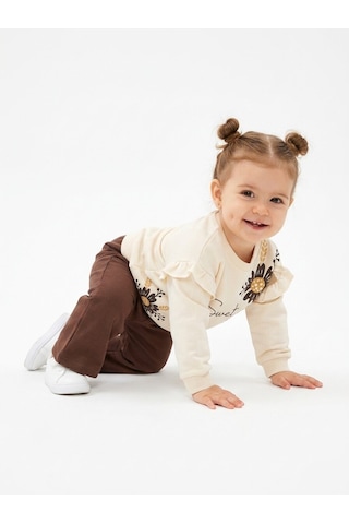 HelloBaby Pamuklu Fırfır Ve Çiçek Detaylı 2li Kız Bebek Takım Kahverengi
