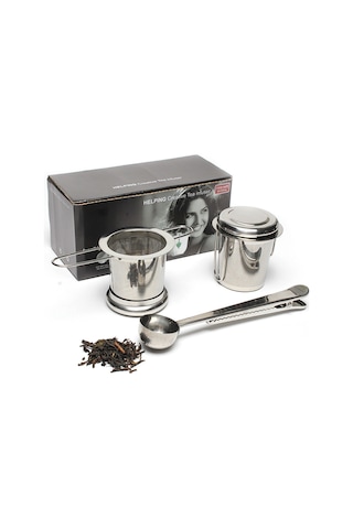 Neevoyu 304 Çelik Çay Süzgeci Seti, Katlanabilir Kollü, Kapaklı, İki Kulplü, 3 Parça Süzgeçler + Ölçü Kasa Gümüş
