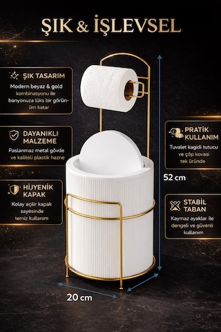 Lüx Gold Banyo Wc Tuvalet Kağıtlığı Çöp Kovası Takım Plastik Kova 6 Litre Paslanmaz Tel Beyaz