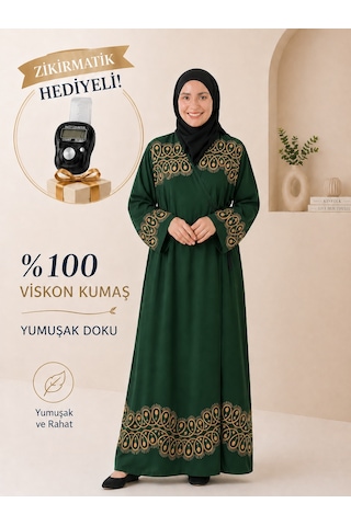 Bilenler Halka Desenli Yeşil Namaz Elbisesi Viskon Kumaş Zikirmatik Hediyeli Yandan Bağlamalı