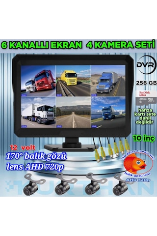 Ledsiz 4 Adet Ahd 720p Balık Gözü Kelebek Kamera 6 Kanallı 10 İnç Qled Ekran 256 Gb 12 Volt