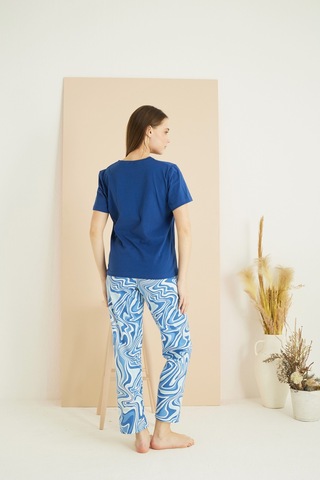 Siyah İnci Pamuklu Bisiklet Yaka Örme Pijama Takım25103233 mavi