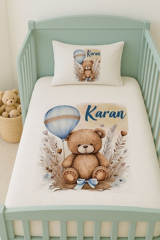 %100 Pamuk İsme Özel İsimli 100x150 Cm Pike Seti Mavi Balonlu Ayıcık