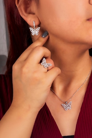 925 Ayar Gümüş Rodyumlu Zirkon Süslemeli Baget Kelebek Bayan Takı Seti