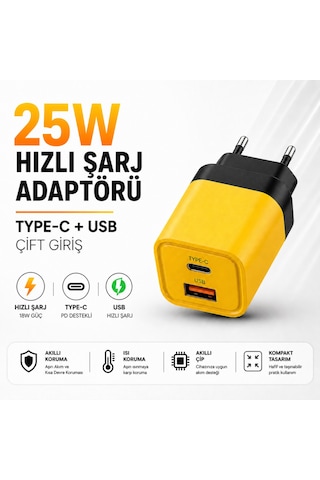 25w Hızlı Şarj Adaptörü Type-c + Usb Çift Girişli Akıllı Şarj Başlığı Kompakt Tasarım