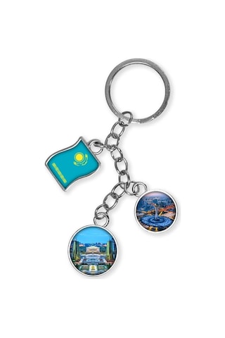 Kazakistan Üçlü Epoksi Metal Çift Taraflı Damla Anahtarlık Kazakhstan Gümüş