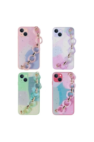 Zore Apple iPhone 13 Uyumlu Simli Desenli El Askılı Tutacaklı Omsy Elsa Silikon Kılıf-pembe