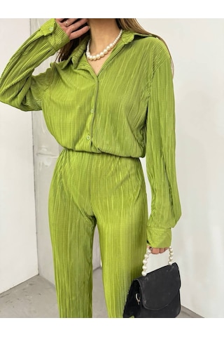 Bayrama Özel Kadın Düşük Omuz Salaş Gömlek Ve Yırtmaç Detay İspanyol Paça Pantolon Yeşil