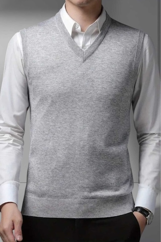 Tezzgelsin Erkek V Yaka Triko Tüylenmez Süveter Erkek Slim Fit Süveter Gri