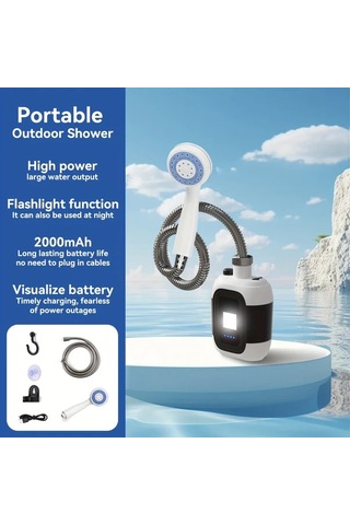Elmpaly 2000mah Kapasiteli Taşınabilir Kamp Duş Seti 7 Parça Aksesuarlı Filtreli Pompa Bej