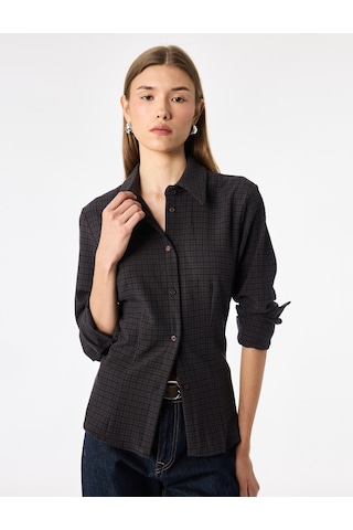 Koton Düğmeli Uzun Kollu Slim Fit Ekose Gömlek Kahverengi Ekose 7wak60050pw KAHVERENGİ EKOSELİ