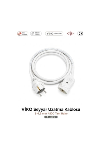 Viko Seyyar Uzatma Kablosu 1m 1 Metre 3x1.5 Mm %100 Bakır Öznur Kablo Viko Erkek Dişi Fiş Klemens Terminalli Topraklı Tse Ce Belgeli 1 M