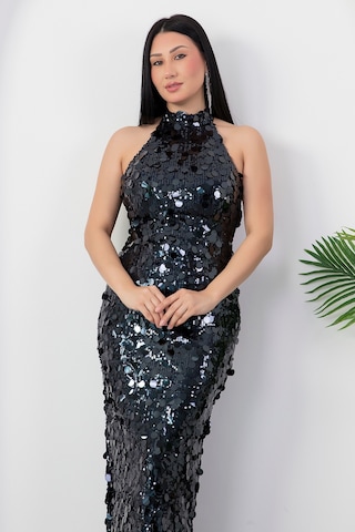 Kalopya Halter Yaka Büyük Pullu Elbise Abiye Ecr6094 Lacivert