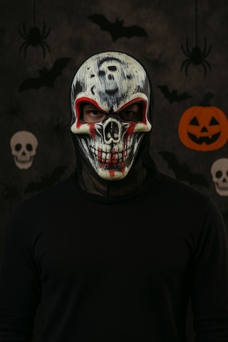 Yetişkin Kırmızı Yakalı 120 Cm Vampir Pelerini Ve Kanlı Kafatası Maskesi Seti Halloween Kostüm