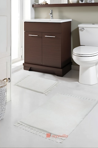 Simirna Ponpon Saçaklı Peluş Yıkanabilir Kaymaz Banyo Paspası 2'li Klozet Takımı Krem Krem