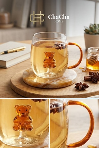 Chacha Home Figürlü Borosilikat Cam Kupa 350 Ml - Renkli Kulplu Bardak - El Yapımı Cam Figürlü Sunum Kupası Ayıcık Figür