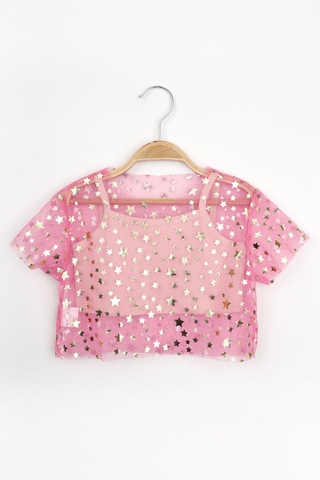 Le Mabelle Pembe Yıldız Baskılı Kısa Kollu Kız Çocuk Tül Crop Pembe
