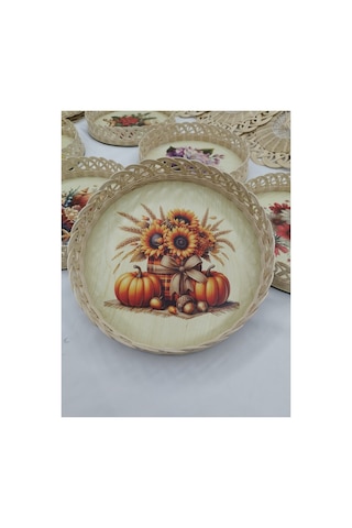 %100 Doğal El Yapımı 1. Sınıf Mdf Tabanlı Kabak & Çiçek Temalı Dekoratif Rattan Sunum Tepsisi 30 Cm, 6 Cm, 2 Mm