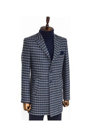 Wessi Kaşe Kareli Geniş Yaka Slim Fit Lacivert Erkek Palto 001