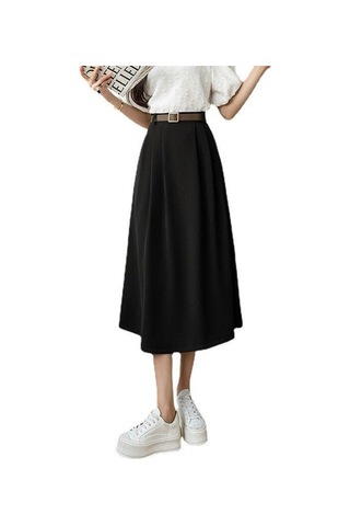 Qooth Bahar Kadın Yüksek Bel A-line Sashes Etek 2022 Yeni Stil Zarif Orta Uzunlukta Uzun Ofis Bayan Düz Etek Bej