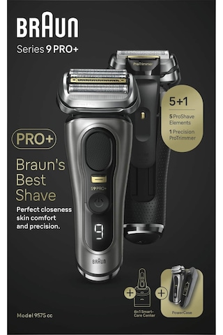 Braun Series 9 Pro+ Erkek Tıraş Makinesi, 5 Pro Tıraş Parçalı Elektrikli Tıraş Makinesi, Uzun Saç Kesme Makinesi Ve Temizleme İstasyonu, Tıraş Makinesi Şarj Kutusu Powercase, 60 Dakika Çalışma Süresi, 9575 Cc, Değerli Metal