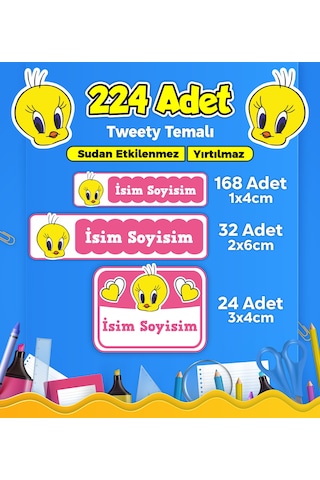 Okul Kreş Kişiye Özel İsim Etiket Seti Tweety Temalı - Model 23 Çok Renkli