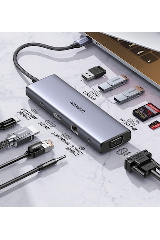 9 U 1 Arada Usb-c Hub 4k 60hz Hdmı Vga 3x Usb 3.0 Rj45 Sd Tf Kart Okuyucu 100w Pd