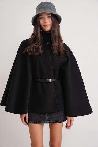 4768 Kadın Kemerli Panço Premium Kaşe Ceket Siyah Siyah