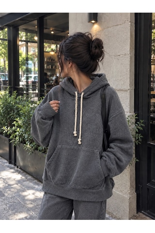 Stormwear Unisex Oversize Polar Sweatshirt Halat Kordonlu Kapüşonlu Cepli Sweat Gri