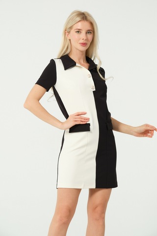 Polo Yaka Mini Elbise Siyah Beyaz