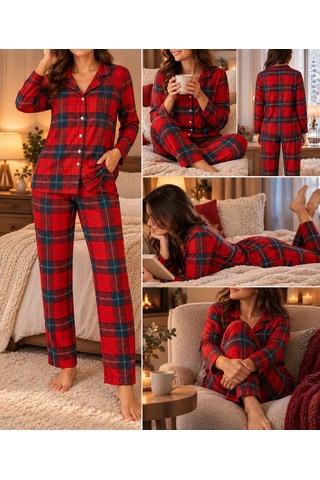 Pijama Denizi Pijama Partisi Kırmızı Ekose Desenli Düğmeli Polar Pijama Takımı Yılbaşı Konseptli Yumuşacık Ev Şıklığı