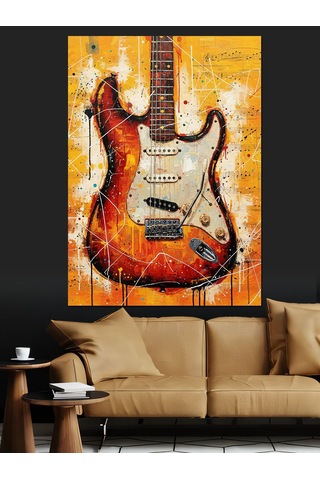 Ahşap Tablo Kırmızı Gitar Alev Desenleri İnsan Figürlü Tablolar