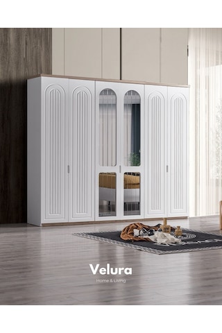 Boerno 6 Kapaklı Aynalı Gardırop Dolap Beyaz - Ceviz