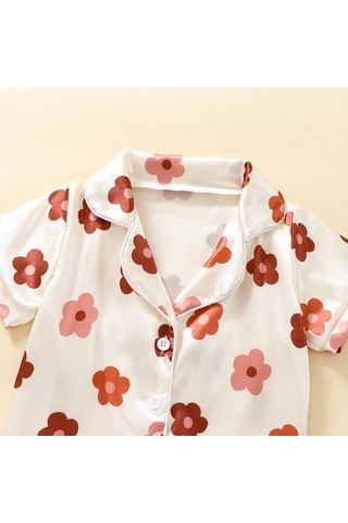 Çocuk Kız Yaz Giysileri Kıyafetler Çiçek Baskı Turn-aşağı Yaka Kısa Kollu Üstler Ve Elastik Bel Şort 2 Adet Takım Elbise Kayısı