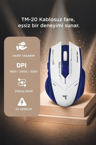 Özel Seri Mouse Çift Modlu Sessiz Kablosuz Oyuncu Fare Tm20 Beyaz Mavi Masaüstü Ofis Çalışma