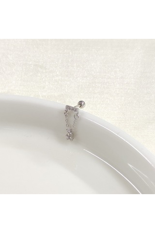 Sallantılı Zincirli Tek Taş Gümüş Tragus Pıercıng - Rodyum Beyaz Beyaz