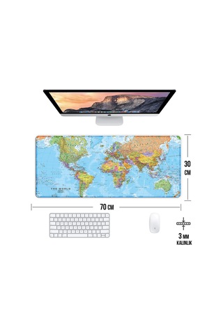 Dünya Haritası Oyun Gaming Klavye Mouse Pad Kaymaz Taban Kenarları Dikişli Su Geçirmez Masa Matı 70x30 Cm