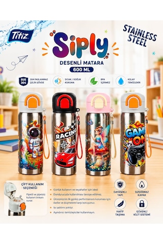 Titiz Siply 600 Ml 304 Paslanmaz Çelik Çocuk Matarası Pipetli Ve Direkt İçim Çift Kullanımlı Çok Renkli