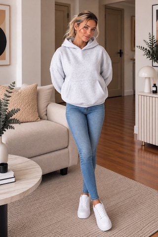 Lima Gri Kadın Kapüşonlu Oversize Sweatshirt Kanguru Cepli Düz Renk Uzun Kollu Sweat