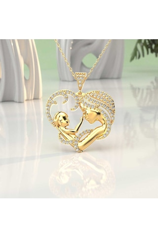 İndigo Takı Kalpli Anne Bebek Altın Kaplama Gümüş Kolye