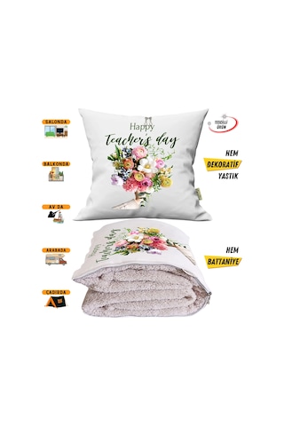 Öğretmenler Günü Hediyesi Güller Tv Battaniyeli Opsiyonel Dekoratif Yastık Kırlent 2in1 Battaniye Çok Renkli
