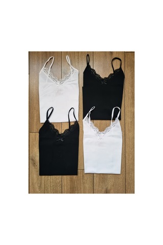 Demirsa Boutique Kadın 4'lü Paket Dantelli Pamuklu İp Askılı Atlet Siyah, Beyaz Siyah3