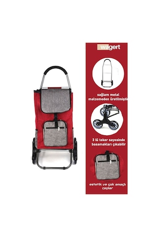 Sessiz 3 Tekerlekli Pazar Arabası Su Geçirmez, Fermuarlı Çantalı Kırmızı