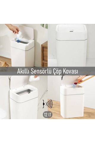 Otomatik Kapak Açan Sensörlü Lüks Çöp Kovası 12 Lt, 23,5 X 17,5 X 31,8 Cm Beyaz