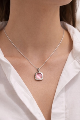 Pembe Kedi Gözü Taşlı Kare Form Gümüş Renk Kolye Çok Renkli