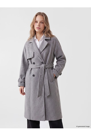 Lcw Vision Gri Kruvaze Yaka Oversize Kadın Kaşe Kaban