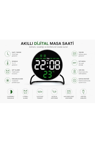 Valkyrie Led Dijital Masa Saati Alarm Sıcaklık Takvim Göstergeli Usb Gece Işıklı Masa Saati Çift Alarm Beyaz