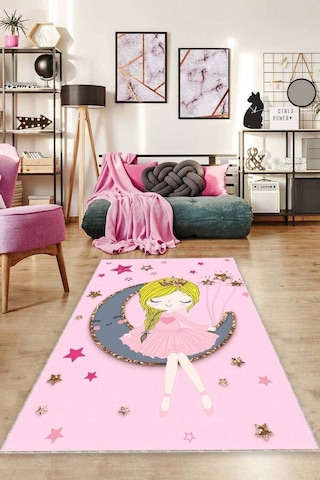 Pembe Kaymaz Tabanlı Aya Oturan Kız Çocuk Halısı Ck050n11