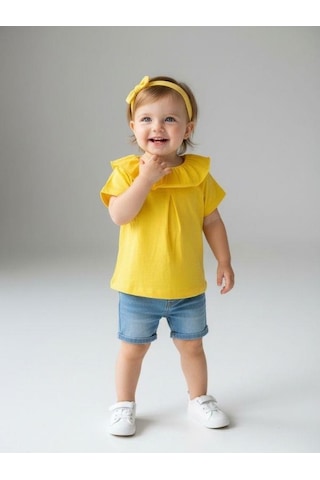 Zekids Kız Bebek Pamuklu Yakası Fırfırlı Basic T-shirt-7460 Sarı