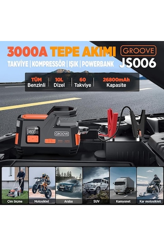 Groove Js006 26800mah 3000a Akü Takviye Cihazı + Lastik Şişirme Kompresörlü Taşınabilir Jump Starter Kompresör+powerbank+led Lamba+lcd Ekran